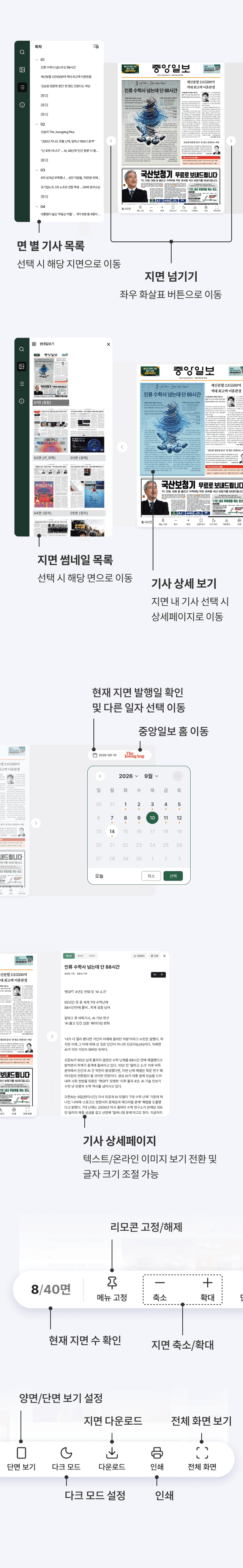 PC·태블릿 지면보기의 날짜·면 선택, 보기 설정