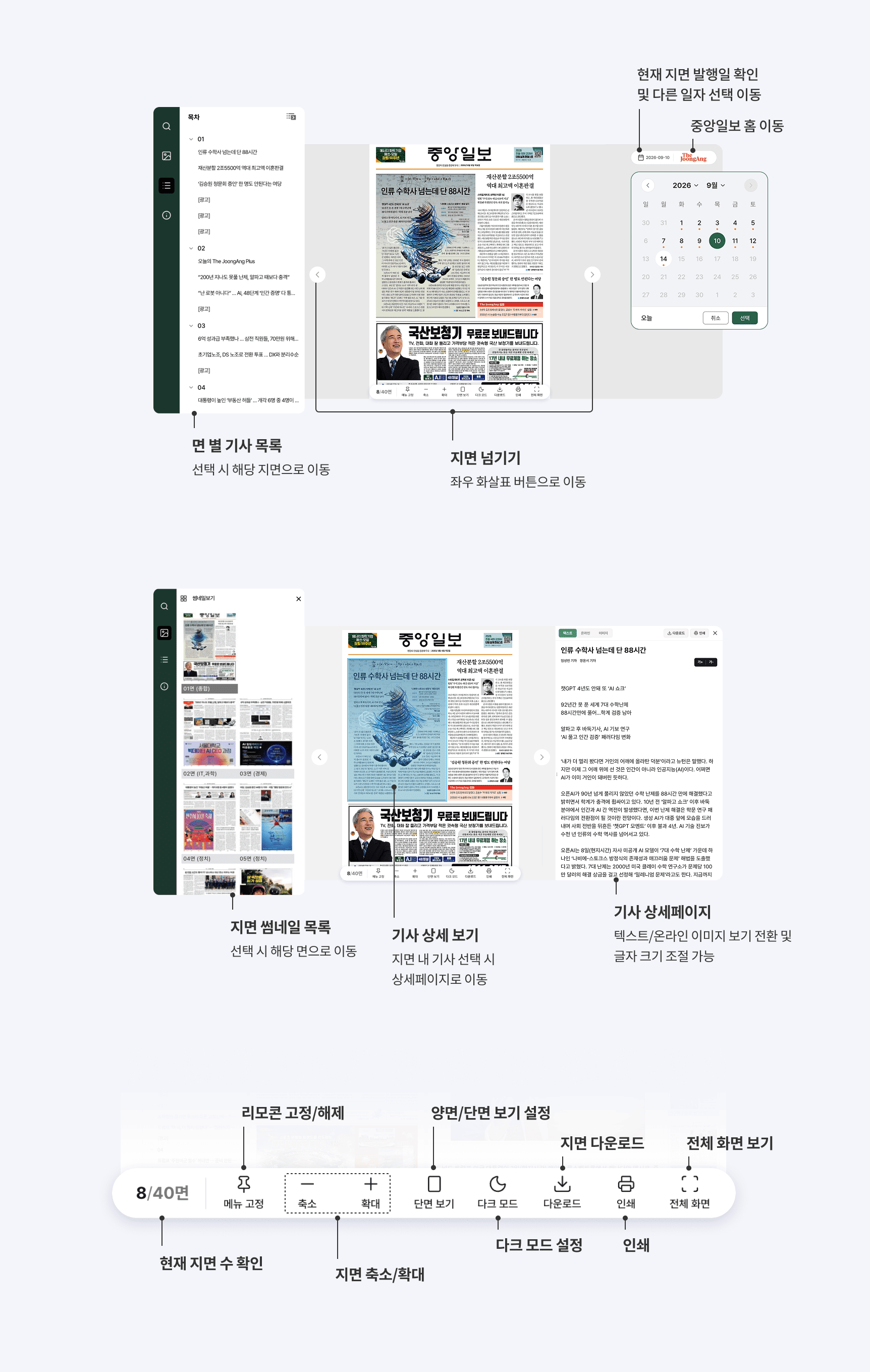 PC·태블릿 지면보기의 날짜·면 선택, 보기 설정, 기사 목록·상세 기능 안내