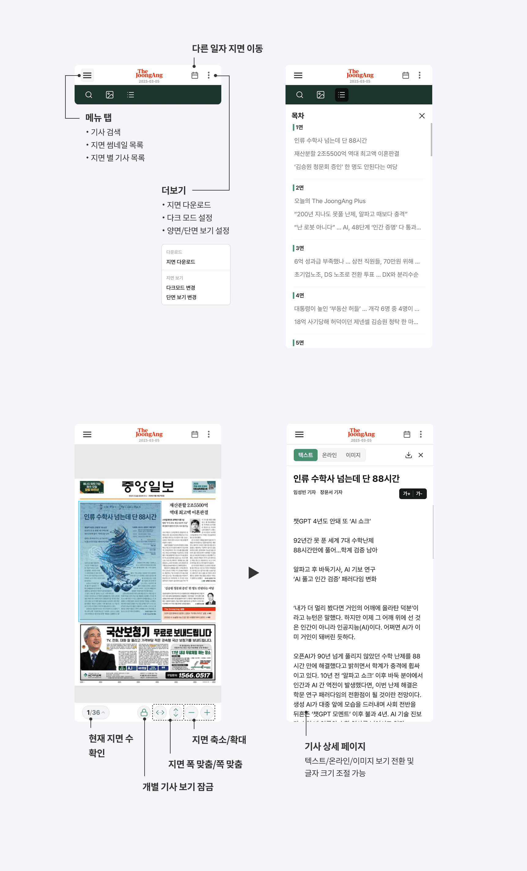 Mobile 지면보기의 날짜·면 선택, 보기 설정, 기사 목록·상세 기능 안내